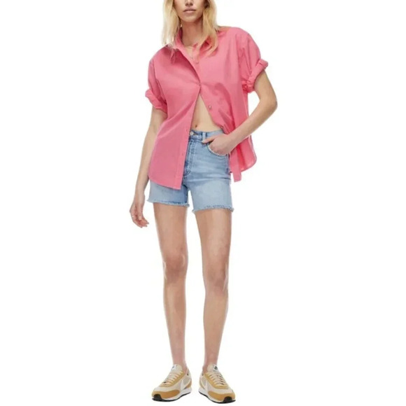 Aritzia Denim Forum Womens Size Xsmall Button Hot Pink  Roll Sleeve Jane Shirt - Picture 1 of 15